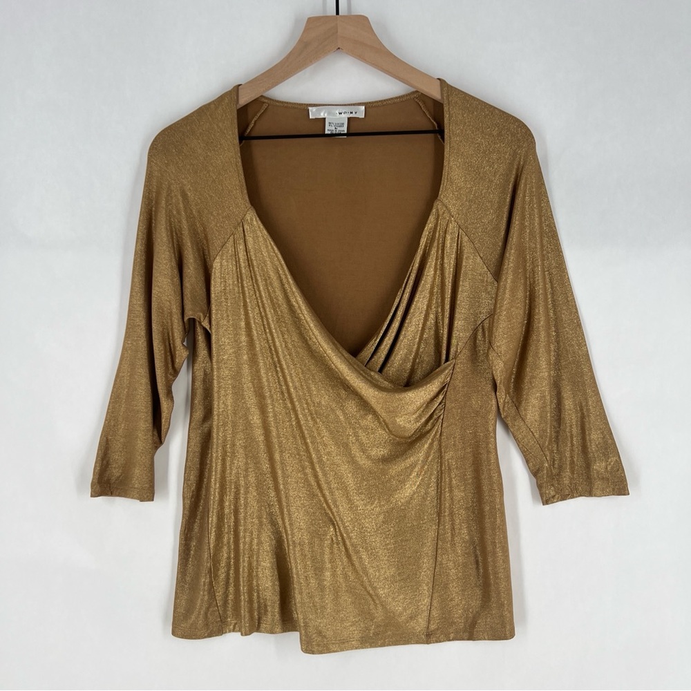 WD.NY Elegant Metallic Gold Stretch 3/4 Sleeve‎ Crossover V-Neck Faux Wrap Top M